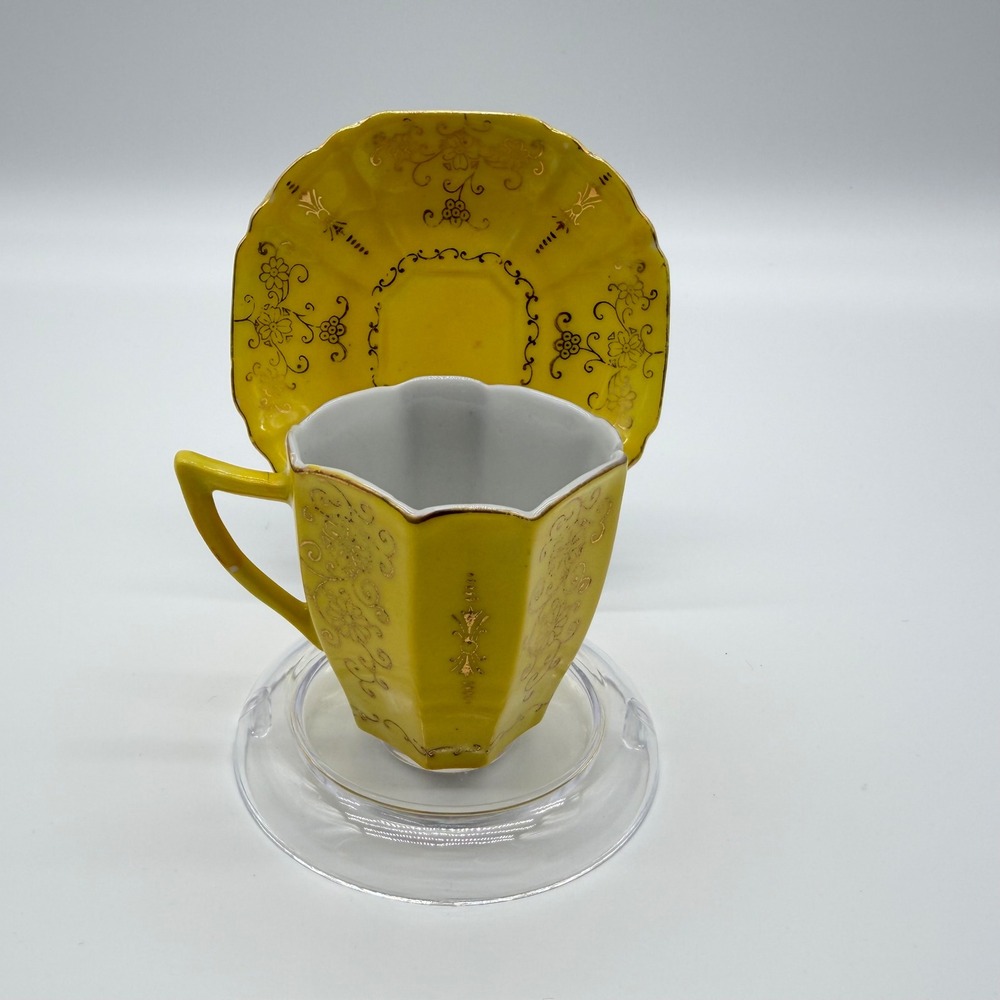 Vintage Japanese Yellow Gold Gilt Hexagonal Porcelain Demitasse Cup and Saucer